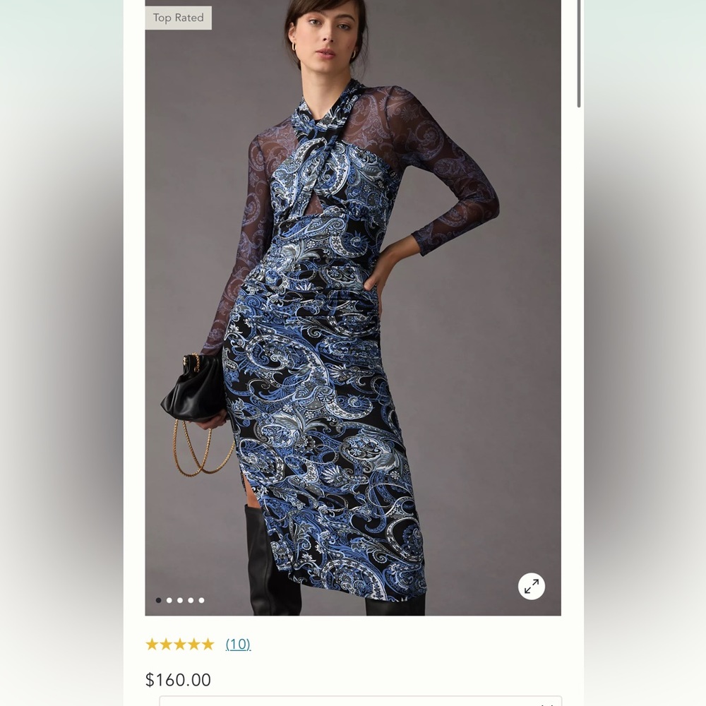 By Anthropologie Mesh Halter Mock-Neck Dress (NWT) - X-Sm - Blue Motif